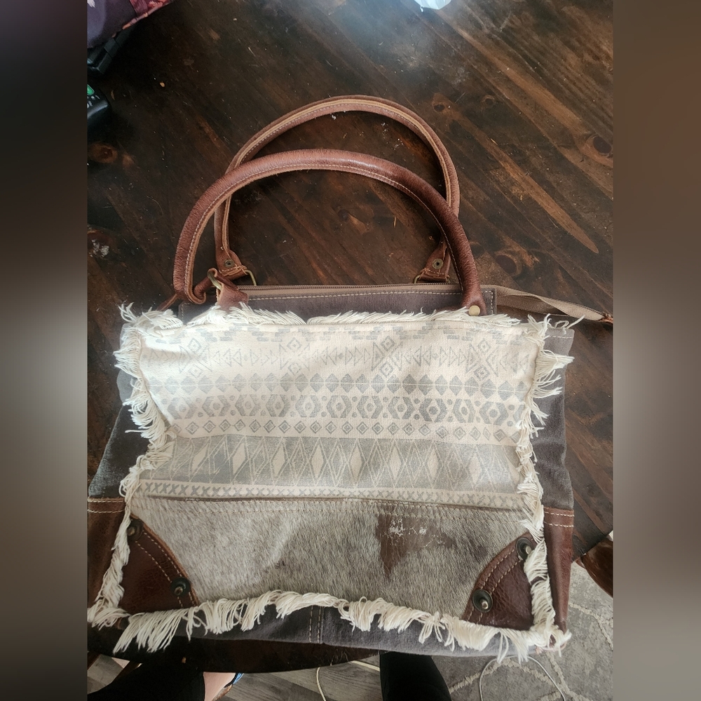 Myra Bag Brown and Cream Fringe Canvas Tote with Mixed Textures